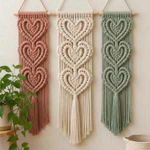 Puede incluir: Tres tapices de macramé verticales colgados de varillas de madera. Cada pieza presenta tres nudos en forma de corazón apilados hechos de cuerda de algodón. El tapiz de la izquierda es rosa empolvado, el central es crema y el de la derecha es verde salvia.