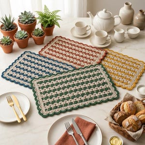 May include: A set of four rectangular crochet placemats featuring a scalloped edge and a repeating pattern of alternating cream and coloured stripes in rust, blue, green, and yellow, arranged on a surface with various potted succulents and tableware.