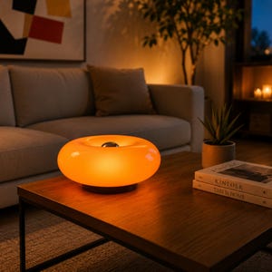 May include: A round, donut-shaped table lamp with a translucent orange glass shade that emits a warm glow. The lamp features a dark, circular base and a small, metallic silver-colored center accent, resting on a wooden surface.