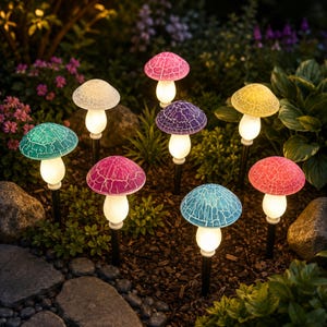 Solcellsdrivna trädgårdslampor med svamp | 8 LED-ljusslingor med svamp | Vattentäta utomhuslampor med gångväg | Cottagecore trädgårdsdekor | Gåva