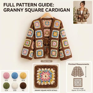 Häkelanleitung für eine quadratische Strickjacke im Oma-Stil, farbenfrohe Häkeljacke (PDF), einfaches Muster für einen Pullover mit Motiv, digitaler Download, farbenfrohe Häkeljacke