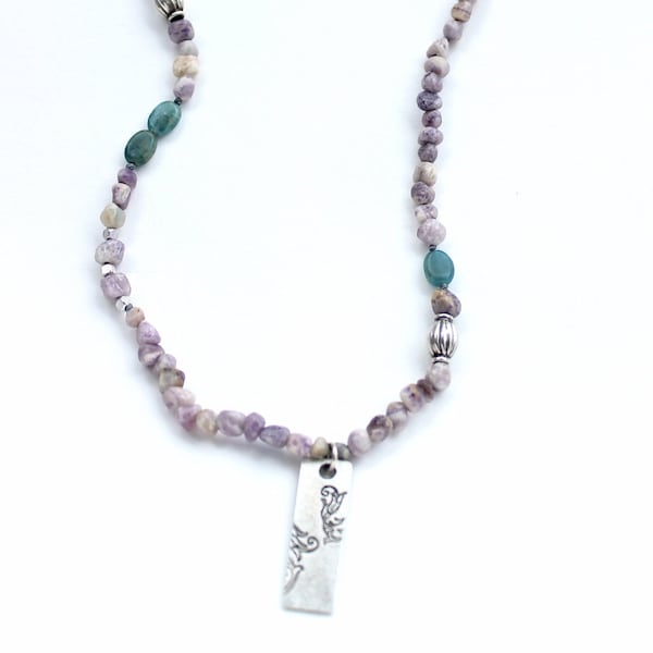 Purple necklace Waxed linen necklace semi precious gemstones Purple lapidalite jasper necklace blue green kyanite and antique silver beads.