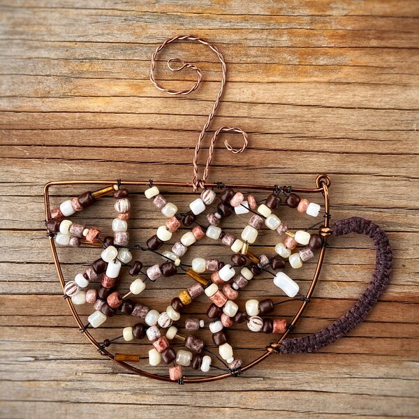 Coffee art beaded coffee cup metal art beaded wire art mixed media brown glass beads copper wire coffee decoration