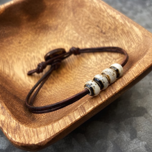 Beaded leather bracelet porcelain bead bracelet boho bracelet leather jewelry gift for her