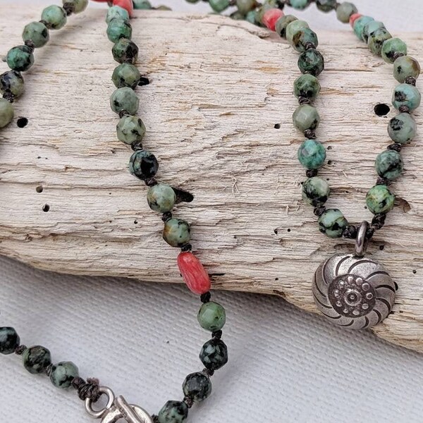 Turquoise boho necklace coral necklace silver pendant statement necklace turquoise beaded necklace