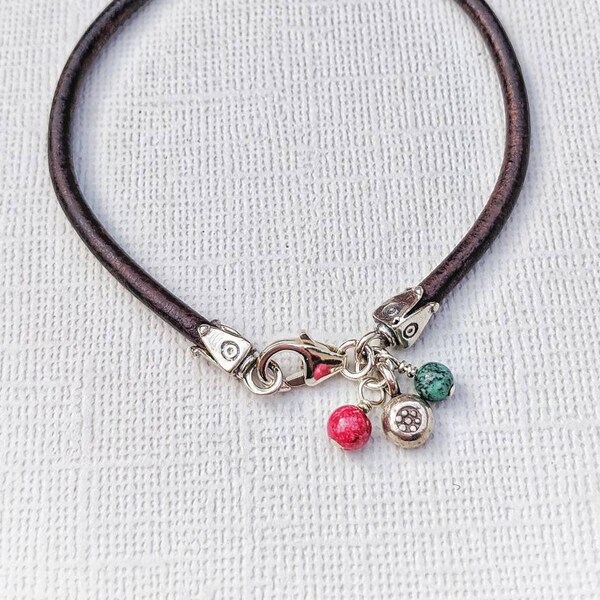 Leather strap bracelet, semi precious gemstone bracelet, sterling silver and leather bracelet, charm and leather bracelet