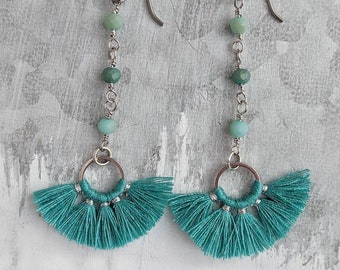Long tassel earrings, dangle earrings, turquoise tassel earrings, boho earrings, long earrings gift idea