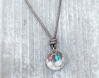 Leather pendant necklace gemstone necklace boho leather necklace boho jewelry aquamarine leather necklace