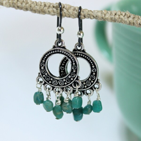 Russian amazonite earrings. Semi precious gemstone earrings. Russian amazonite nuggets dangle from TierraCast antique silver links.