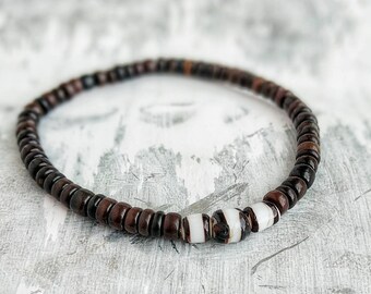Beaded Shell Bracelet, Brown Glass Boho Bracelet