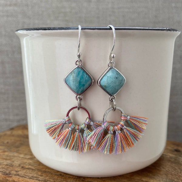 Amazonite earrings, Long tassel earrings, dangle earrings, boho earrings, long earrings gift idea, gift for her