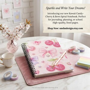 May include: A spiral-bound notebook with a light pink cover featuring a pattern of cherries, bows, and small hearts. The text on the image reads: Sparkle and Write Your Dreams! Introducing our new Kawaii Candy-Cherry & Bows Spiral Notebook.