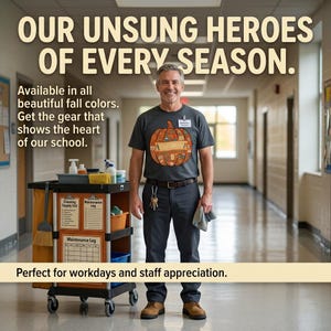May include: A charcoal grey t-shirt featuring a large orange pumpkin graphic filled with school supply illustrations. The text reads: OUR UNSUNG HEROES OF EVERY SEASON. Available in all beautiful fall colours. Get the gear that shows the heart of our school. Perfect for workdays and staff appreciation.
