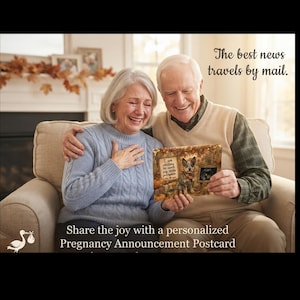 May include: A rectangular pregnancy announcement postcard featuring an illustration of a dog, autumn leaves, and a sonogram image. The text reads, "The best news travels by mail," "I am waiting to meet my little pumpkin," and "Share the joy with a personalized Pregnancy Announcement Postcard."