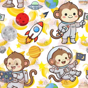 May include: A seamless pattern featuring cartoon monkeys in white space suits, yellow bananas, red and grey planets, a white rocket with red fins, a silver flying saucer, yellow stars, and a dark blue flag with a moon and star design on a white background.