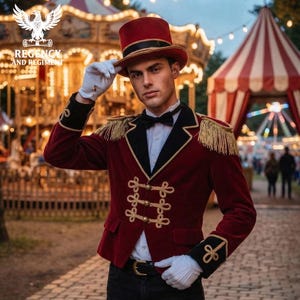 Op de afbeelding: Een rode fluwelen circusdirecteursjas met gouden vlechtwerk, epauletten met gouden franjes en zwarte manchetten. De jas wordt gecombineerd met een bijpassende rode hoge hoed met een zwarte band, een wit overhemd, een zwarte vlinderdas en witte handschoenen.