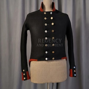 Men's Black Wool Napoleonic Hussar Tailcoat, Red Trim Military Officer Jacket, Handmade Costume