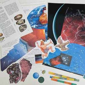 Op de afbeelding: Een verzameling educatieve papieren uitknipsels en prints met wetenschappelijke thema's, waaronder een geologisch diagram, een beeld van de aarde vanuit de ruimte, een onweersbui, een sterrenkaart, een boogschutter-sterrenbeeld, een vogel en mineralen.