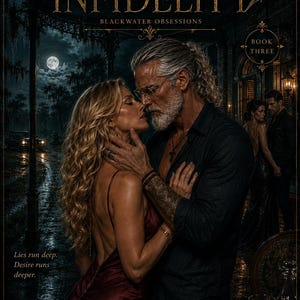 Puede incluir: Una portada de libro titulada Blackwater Infidelity, Book Three, Blackwater Obsessions. Muestra a una pareja abrazándose en un entorno oscuro a la luz de la luna con un pantano de fondo. El texto dice: Lies run deep. Desire runs deeper.