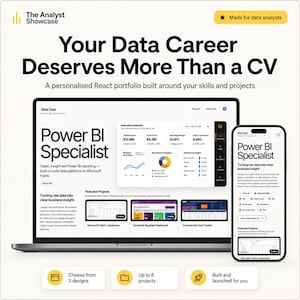 May include: A digital portfolio template for data analysts displayed on a laptop and smartphone. The screen shows a Power BI Specialist profile with project dashboards, charts, and text. The header reads The Analyst Showcase and Your Data Career Deserves More Than a CV, with icons for design choices, project capacity, and launch services.