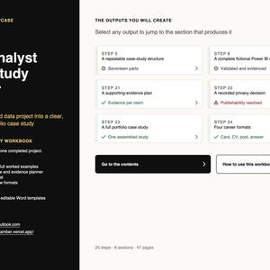 May include: A digital case-study workbook titled Data Analyst Case Study Builder. The interface features a black sidebar with white text and a white main area containing navigation buttons for steps 5 through 24, including Go to the contents.