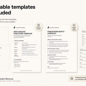 May include: A collection of editable templates for data analysts, including a Data Analyst Case Study Template and a Publication Safety Checklist. The documents feature black text on a light background with sections for project details.