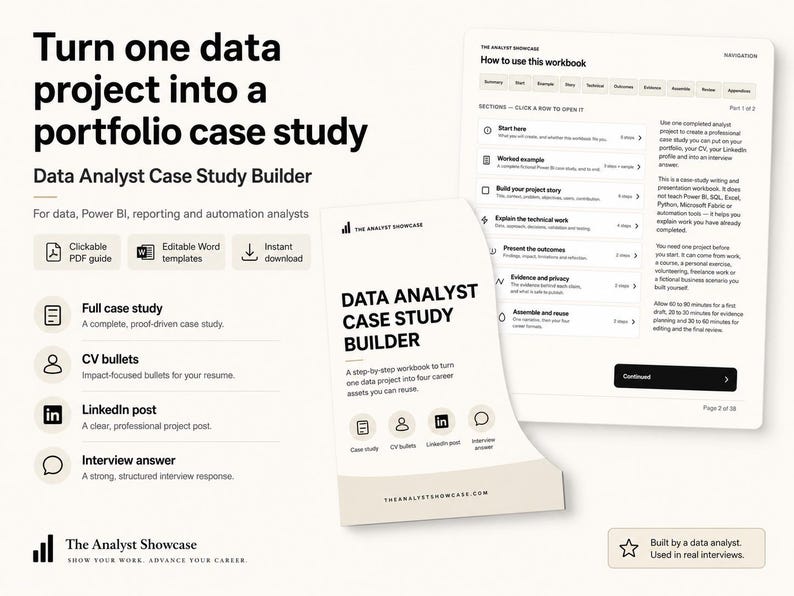 May include: A digital workbook titled Data Analyst Case Study Builder with text explaining how to turn a data project into a portfolio case study. It includes sections for a full case study, CV bullets, LinkedIn posts, and interview answers.