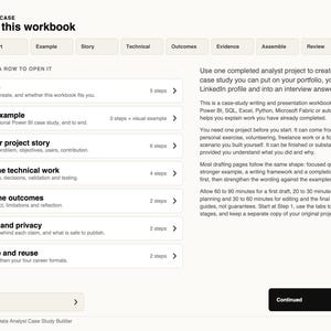 May include: A digital workbook interface titled The Analyst Showcase: How to use this workbook. It features a navigation bar with tabs, a list of sections including Start here, Worked example, and Build your project story, and instructional text.