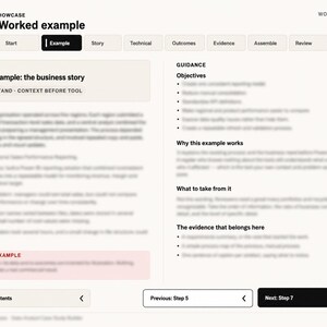 May include: A digital document page titled The Analyst Showcase Step 6 Worked example. The layout features a navigation bar with tabs including Summary, Start, Example, Story, Technical, Outcomes, Evidence, Assemble, Review, and Appendices.