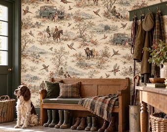 May include: Wallpaper featuring a repeating toile pattern of hunters, horses, dogs, and vintage vehicles in a landscape. A brown and white spaniel sits on a stone floor in front of a wooden bench with a plaid throw and green cushions.