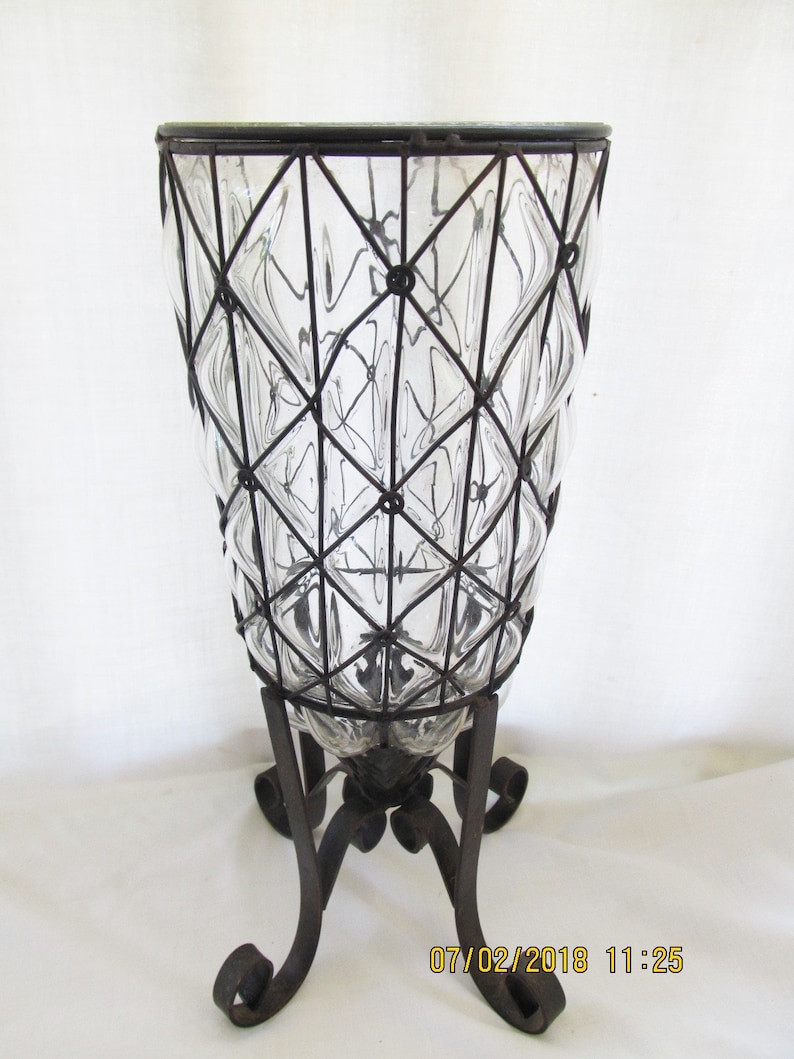 Heavy Steel Caged Blown Glass Floor Vase 17 Tall Etsy