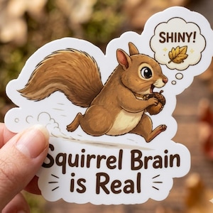 May include: A die-cut sticker featuring a brown squirrel holding an acorn, with a thought bubble containing a golden leaf and the text SHINY!. Below the squirrel, the text reads Squirrel Brain is Real, with small decorative lines on each side.