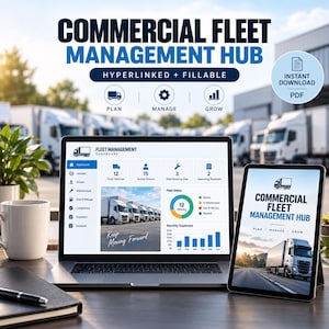 Könnte beinhalten: Ein digitales Flottenmanagement-Hub auf einem Laptop- und Tablet-Bildschirm. Die Benutzeroberfläche zeigt ein Dashboard mit Fahrzeugdaten, Fahrerinformationen, Wartungsplänen und einem Flottenstatus-Diagramm. Der Text lautet Commercial Fleet Management Hub.