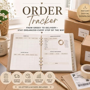 May include: An open ring-bound order tracker planner with printed sections for order logs, shipping trackers, order status overviews, and monthly summaries. The planner features text headers including ORDER TRACKER, FROM ORDER TO DELIVERY, and STAY ORGANIZED EVERY STEP OF THE WAY, with US letter and A4 sizes included.