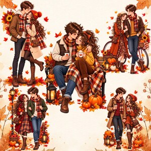 Peut inclure: Une illustration numérique présentant plusieurs scènes de couples en tenues d'automne, incluant des pulls, des écharpes et des bottes, entourés de feuilles orange, de citrouilles, de lanternes et de tournesols sur un fond crème.