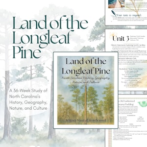 May include: A book titled Land of the Longleaf Pine: North Carolina History, Geography, Nature, and Culture by Whitney Marshall Sims Braswell. The cover features a painting of tall pine trees against a light sky, with interior pages visible.