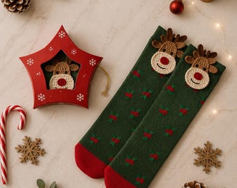Kids Christmas Reindeer Cotton Socks, Cozy Holiday Design, Gift Box, Unique Gift Ideas, Gift For Children, Cute Kids Socks