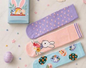 Kids Easter Socks Gift Set, 3 Pairs Cotton Bunny Socks, Easter Basket Gift, Children's Easter Gift Box, Back To School Essentials