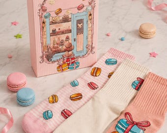 Kids Macaron Socks Gift Set, 3 Pairs Cotton Socks, Back To School Essentials, Cute Dessert Socks, Children's Gift Box, Unique Gift Ideas