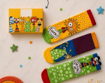 Kids Funny Socks Gift Set, 3 Pairs Cotton Socks for Kids, Colorful Cartoon Socks, Gift Box, Boys & Girls,  Back To School Essentials