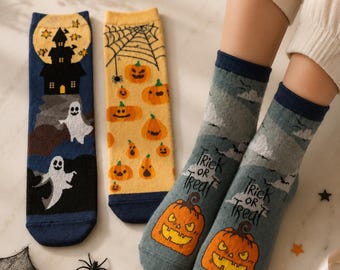 Kids Halloween Socks Gift Set, 3 Pairs Cotton Socks, Gift for Halloween, Pumpkin Ghost Socks, Trick or Treat Socks, Spooky Season, Fall Gift