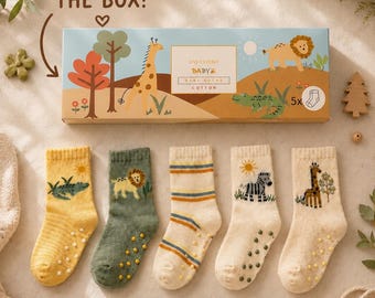 Baby Animal Socks Gift Set, 5 Pairs Non Slip Baby Socks, Safari Animal Cotton Socks, Infant Gift Set, Baby Shower Gift, Gift For Baby