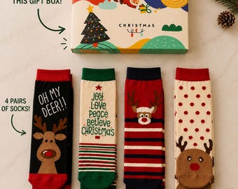 Christmas Cotton Socks Gift Set, 4 Pairs, Unisex Reindeer Designs, Gift Box, Unique Gift Ideas, Cute Socks. Christmas Gift, Cozzy Socks
