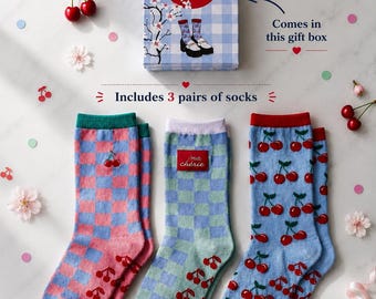 Cherry Cotton Socks Gift Set, 3 Pairs, Cute Cherry Designs, Gift Box, Unique Gift Ideas, Cute Socks, Cherry Lover Gift