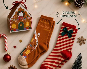 Christmas Socks Gift Set, 2 Pairs Holiday Cotton Socks, Ginger House Socks, Candy Cane Socks, Christmas Gift Box, Unique Gift Ideas