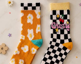 Cherry Cotton Socks Gift Set, 2 Pairs, Colorful Cherry Designs, Gift Box, Unique Gift Ideas, Cute Socks, Colorful Socks