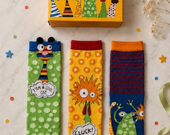 Funny Socks Gift Set, 3 Pairs Cotton Socks, Colorful Novelty Crew Socks, Quirky Character Socks, Gift Box, Unisex