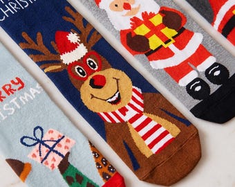 Christmas Cotton Socks Gift Set, 4 Pairs, Unisex Holiday Designs, Gift Box, Unique Gift Ideas, Cute Socks, Christmas Gift
