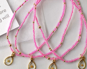 Real Mustard Seed Charm Stretch Bracelet, Hot Pink Crystal Seed Beads + 2mm Gold Filled Accent Beads,Christian Faith Encouragement Gift Idea