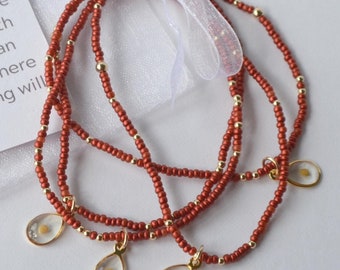Real Mustard Seed Charm Stretch Bracelet, Dark Lava Red Dainty Seed Beads + 2mm Gold Filled Accent Beads, Christian Faith Encouragement Gift